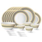 Larah by Borosil Regal Fluted Series Opalware Dinner Set | 33 Pieces for Family of 6 | Microwave & Dishwasher Safe | Bone-Ash Free | Crockery Set for Dining & Gifting | Plates & Bowls | White