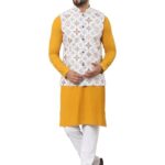 SOJANYA (Since 1958 Men’s Pure Cotton Mustard Kurta and White Pyjama With Printed Cream Nehru Jacket