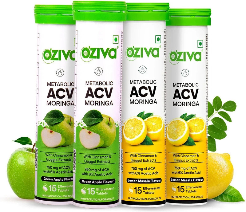 OZiva ACV Moringa (Green Apple – Lemon Masala) To Control Cravings, No Maltodextrin(4 x 15 Tablets)