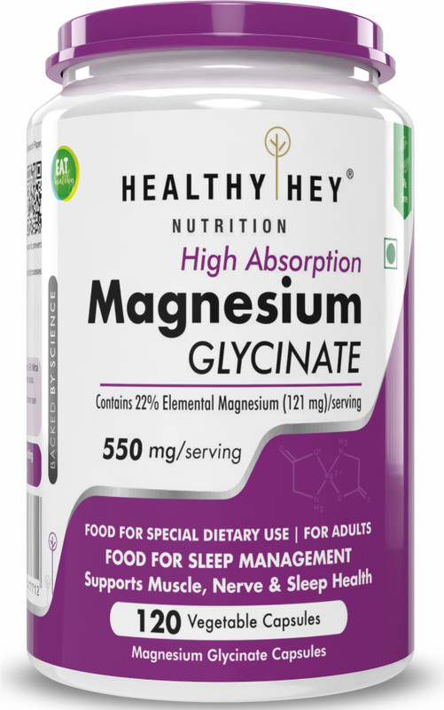 HealthyHey Nutrition High Absorption Magnesium Glycinate, 120 Vegetable Capsules(120 Capsules)