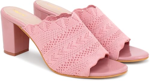 Action Women’s Knitted Mule Sandals| Block Heel 10cm| Nude| Peep-Toe Design_Pink_3