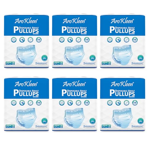 AROKLEEN Premium Adult Pull-Up Diaper Pants Medium Size, 60 Count | Waist Size 61-115 CM | 24″-45″ Inches | Unisex | High Absorbency | Leak-Proof Protection Pack of 6