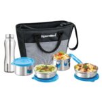 SignoraWare Office Stainless Steel Lunch Box with Bottle | Airtight & Leakproof | Durable | Perfect for Office, School & Outdoor Use (500mlx2 + 380mlx2 + 750ml | Setof5 | TBlue)