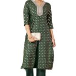 Janasya Women’s Dark Green Silk Blend Yoke Embroidered Straight Front-slit Kurta Pant Set (JAB25KB02538-L)