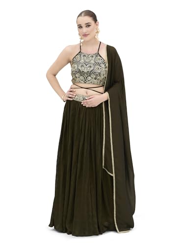 PURVAJA Women’s Silk Semi-Stitched Lehenga choli (Yashi-Olive_Free Size)