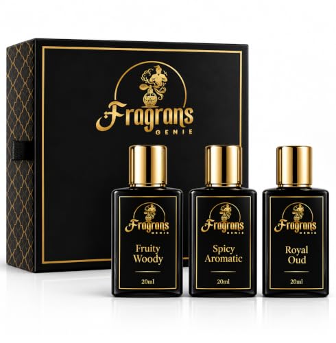Fragrans Genie Signature Men’s Perfume Gift Set | 3 Luxury Extrait De Parfum (Royal Oud, Fruity Woody & Spicy Aromatic) | Long Lasting Premium Fragrance | Gift Set for Men | 20ml x 3 (60ml Total)