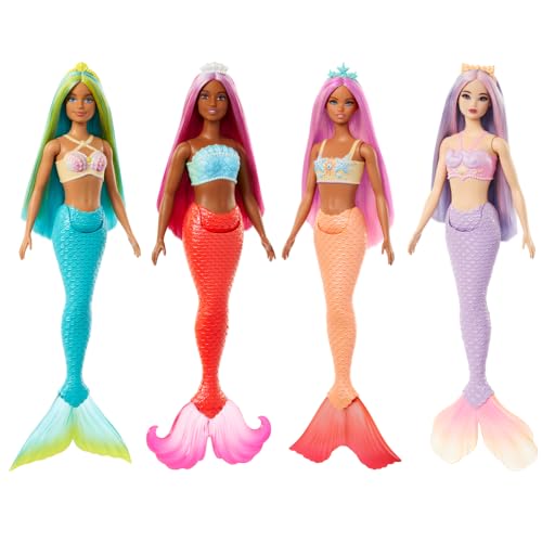 Barbie Mermaid Doll 4 with Fantasy Hair and Headband Accessories, Mermaid Toys with Shell-Inspired Bodices and Colorful Tails