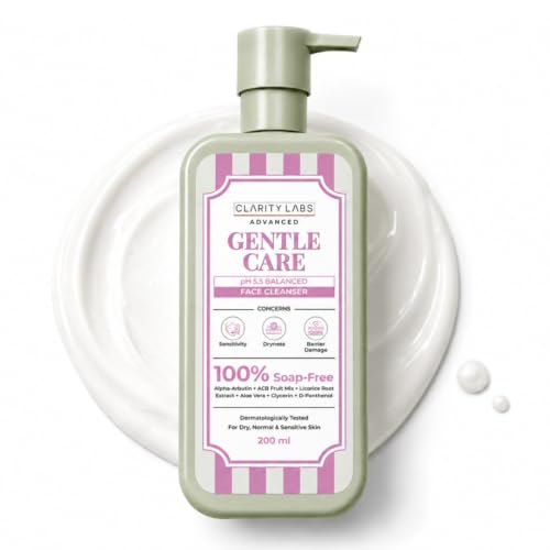 Gentle Daily Face Cleanser, Soap-Free pH-Balanced Face Wash with Multi-Fruit AHA, Aloe Vera, Alpha-Arbutin, Allantoin & Panthenol | For Normal, Oily, Combination & Sensitive Skin | Sulphate Free Cleanser for Men, Women, Boys, Girls & Teens | 200ml | Clarity Labs