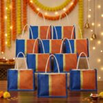 Amazon Brand – Solimo Jute Thamboolam Gift Bag | Pack of 10 | Reusable & Durable | Assorted Colours Blue/Orange/Cream