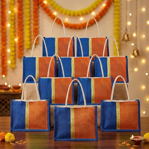 Amazon Brand – Solimo Jute Thamboolam Gift Bag | Pack of 10 | Reusable & Durable | Assorted Colours Blue/Orange/Cream