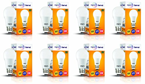 wipro Garnet 5W LED Bulb for Home & Office |Warm White (2700K) | E27 Base|220 degree Light coverage |4Kv Surge Protection |400V High Voltage Protection |Energy Efficient | Pack of 8