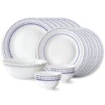Larah by Borosil Jazzblue Fluted Series Opalware Dinner Set | 19 Pieces for Family of 6 | Microwave & Dishwasher Safe | Bone-Ash Free | Crockery Set for Dining & Gifting | Plates & Bowls | White