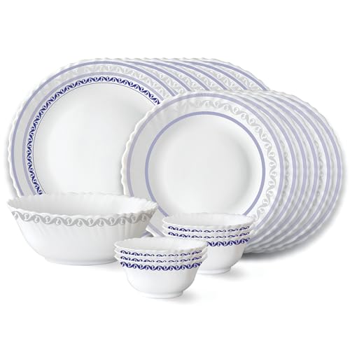 Larah by Borosil Jazzblue Fluted Series Opalware Dinner Set | 19 Pieces for Family of 6 | Microwave & Dishwasher Safe | Bone-Ash Free | Crockery Set for Dining & Gifting | Plates & Bowls | White
