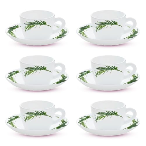 Larah by BOROSIL Crescent Opalware Cup and Saucer Set of 12 pcs | Tea/Coffee Cups 140 ml | Microwave & Dishwasher Safe | Bone-Ash Free | Crockery Set Ideal for Daily Use & Gifting, White