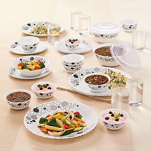 Larah By Borosil 35pc Opalware Dinner Set with Vision Glass Set for Family of 6, Microwave & Dishwasher Safe, Bone-Ash Free, Crockery Set for Dining & Gifting, Plates & Bowls (Luna)