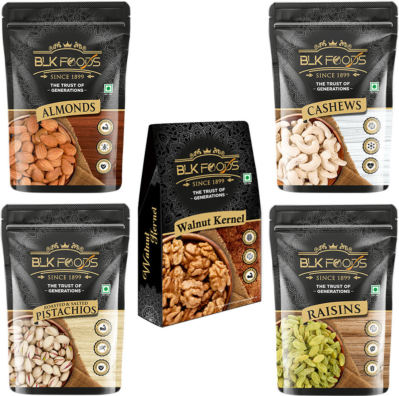 BLK FOODS Dry fruits combo pack of Healthy | Badam Kaju Pista Kishmish Akhrot (250g X 5) Cashews, Almonds, Pistachios, Walnuts, Raisins(5 x 250 g)
