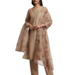 Amazon Brand – Myx Women’s Kurta Pant Set with Embroidered Organza Dupatta | Viscose,Rayon (AW24-MYX-SKD-VN-08_Golden Beige_L)