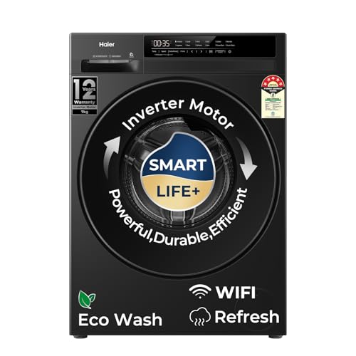 Haier 7 Kg AI One Touch, AI Smart Wash (AI-DBT), PuriSteam, 525mm Super Drum, In-Built Heater,WI-FI, Fully Automatic Front Load Washing Machine, (EFL70-IM12F3BKU1 | Black)