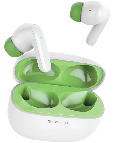 Vaku Luxos ® SONAIR TWS Bluetooth 5.4 Earbuds | 60H Playtime | Touch Controls | Type-C Fast Charging | 10mm Driver | Voice Assistant | Deep Bass Wireless Earbuds with Charging Case- White/Green