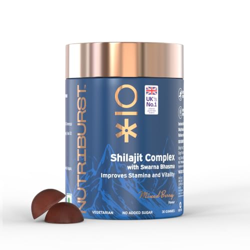 Nutriburst Shilajit Resin Gummies, Ayurvedic Herbal Blend with Swarna Bhasma, KSM-66 Ashwagandha, Black Musli and Ginger, Natural Energy & Vitality Boost, Mixed-Berry Flavor, 30 Gummies, 1 Month Pack