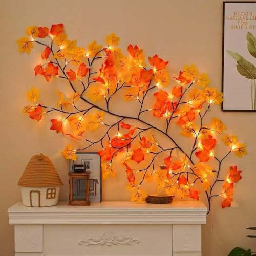 JAY STORE 18 Decorative Maple Leaf Vine String Lights 5.25 ft, 72 LED Fairy Lights with Remote Control, 8 Lighting Modes, USB Powered Wall Decoration Lights for Bedroom, Wedding & Festival