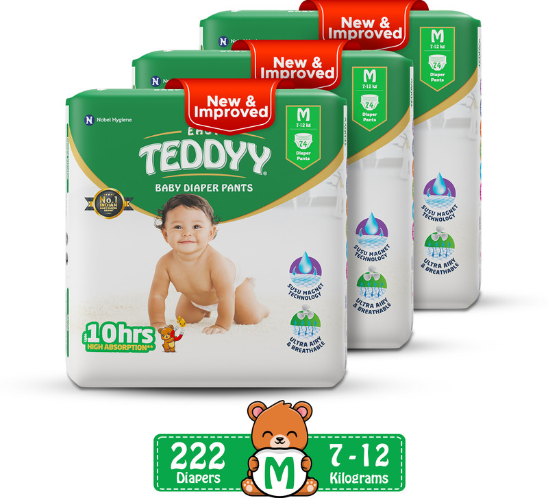 TEDDYY Easy Diaper Pants with Rash Protection and 3x Faster absorption Technology Pant Diapers – M(222 Pieces)