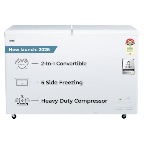 Haier HFC-500DPW5, 5 Star (2026 Star Rating) Double Door Convertible Deep Freezer, 5 Side Freezing, Dual Condenser, Inside Metal Liner with 70mm Puff Thickness (White 439L)