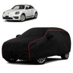 Sulfar 100% Water Resistant Car Body Cover Compatible with Mirror for Volkswagen Beetle (Triple Stitched, Full Bottom Elastic, Black with Red Piping)