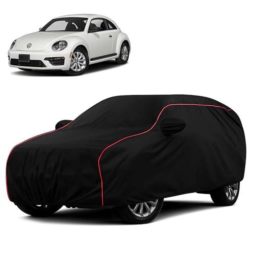 Sulfar 100% Water Resistant Car Body Cover Compatible with Mirror for Volkswagen Beetle (Triple Stitched, Full Bottom Elastic, Black with Red Piping)