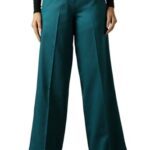 High Star Women Casual Solid Regular Length Wide Leg Trousers Teal