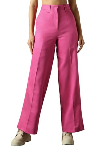 High Star Women Solid Regular Length Wide Leg Stretchable Trousers Magenta