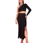 POPWINGS Casual Solid Top and Skirt Set for Women | Stylish Western Co-Ord Set for Women | Crop Top and Long Slit Skirt Set for Women Black