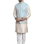 SOJANYA (Since 1958 Men’s Silk Blend Cream Kurta and Of-White Pyjama With Blue Nehru Jacket