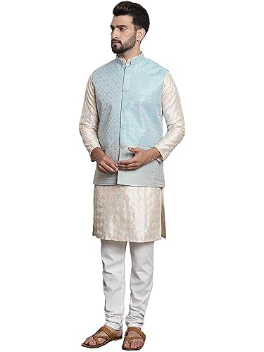 SOJANYA (Since 1958 Men’s Silk Blend Cream Kurta and Of-White Pyjama With Blue Nehru Jacket