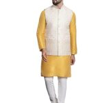 SOJANYA (Since 1958 Men’s Silk Blend Mustard Kurta and Off-White Pyjama With Cream Nehru Jacket