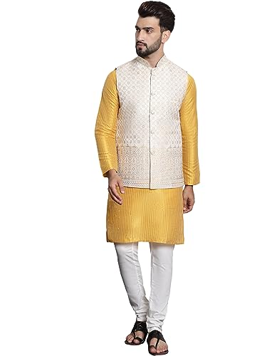 SOJANYA (Since 1958 Men’s Silk Blend Mustard Kurta and Off-White Pyjama With Cream Nehru Jacket
