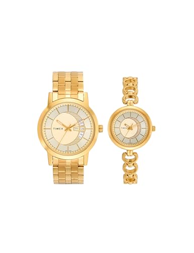 TIMEX Classics Analog Watch for Unisex with Champagne Round Dial & Gold Stainless Steel Bracelet Band Water Resistant Unisex Wrist Watches – TW00PR229