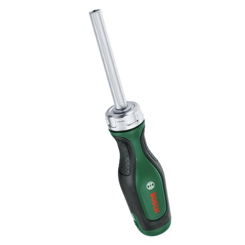 BOSCH Ratchet Screwdriver | Smooth Ratchet Mechanism for Continuous Rotation | 12 Interchangeable Bits in Magazine | Ergonomic Non-Slip Handle for Comfort | Quick Bit Storage for Easy Access