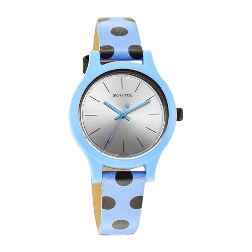 Sonata Dot to Dot – Excl Fkt Plain 3 Hands Silver White Round Dial Dark Blue A1Leather Strap Women’s Watch – 87030PL15W