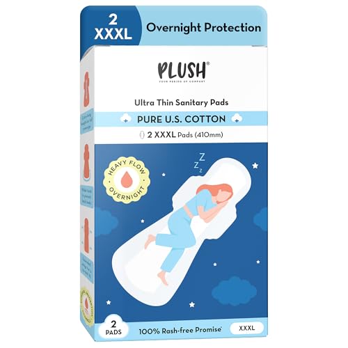 Plush Ultra-Thin XXXL All Night Sanitary Pads For Women (410mm) 2Pcs| Super Absorbent, Heavy Flow & Rash Free | Pure U.S. Cotton Sanitary Napkins With Free Disposable Pouch | Toxin & Fragrance-free