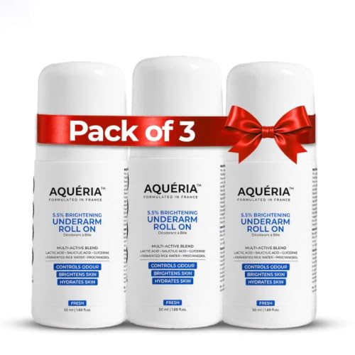 Aqueria Pack of 3 Underarm Brightening Roll-On for Men & Women | Lactic Acid, Fermented Rice Water & Glycerine | Helps Reduce Dark Underarms, Pigmentation & Uneven Skin Tone | Controls Body Odour | Fresh Fragrance | (50ml x 3)