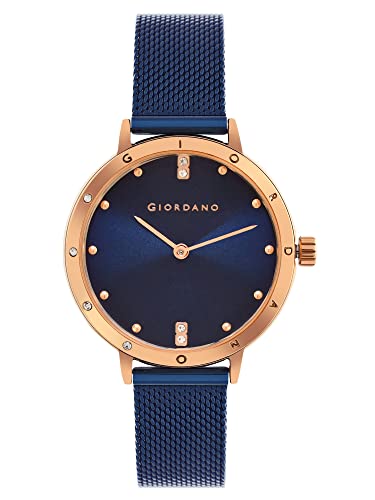 Giordano Analog Quartz Watch for Women with Round Dial, Two-Hand Display, Crystal-Studded Hour Markers and Bezel and Stainless Steel Mesh Strap – A2085