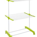 Amazon Brand – Solimo Steel Double Supported 2 Layer Cloth Drying Rack | Foldable, Movable | 54D x 64.9W x 127H cm | White & Green