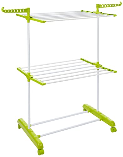 Amazon Brand – Solimo Steel Double Supported 2 Layer Cloth Drying Rack | Foldable, Movable | 54D x 64.9W x 127H cm | White & Green