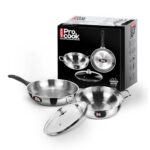 Milton Pro Cook 3-Layer Thick Triply Bottom I Induction Cookware & Gas Stove Friendly Stainless Steel 3 Pc Cookware Set | Kadhai & Fry Pan with Lid 22 cm | Deep Frying | 2Y Warranty