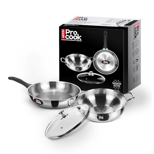 Milton Pro Cook 3-Layer Thick Triply Bottom I Induction Cookware & Gas Stove Friendly Stainless Steel 3 Pc Cookware Set | Kadhai & Fry Pan with Lid 22 cm | Deep Frying | 2Y Warranty