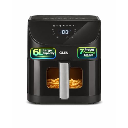 Glen Digital Air Fryer 6L | 1500W | Temperature & Timer Control |7 Preset Menu & Digital Display | Multi-Function Glass Airfryer, Bake, Grill, Fry & Roast | Auto Shut Off | Non Stick Basket |