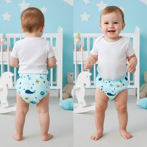 Bembika Baby Training Pant Soft Cotton Reusable Potty Training Pants For Kids Leak-Resistant, Padded Underwear For Babies To Support Diaper Free Transition (M Size For 12-18 Months Underwater World Theme)