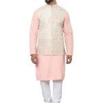 SOJANYA (Since 1958 Men’s Pure Cotton Peach Kurta and White Pyjama with Cream Nehru Jacket