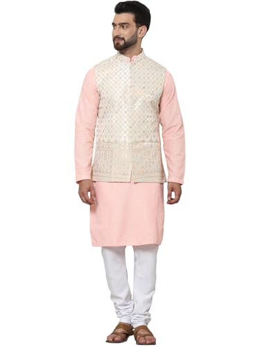 SOJANYA (Since 1958 Men’s Pure Cotton Peach Kurta and White Pyjama with Cream Nehru Jacket